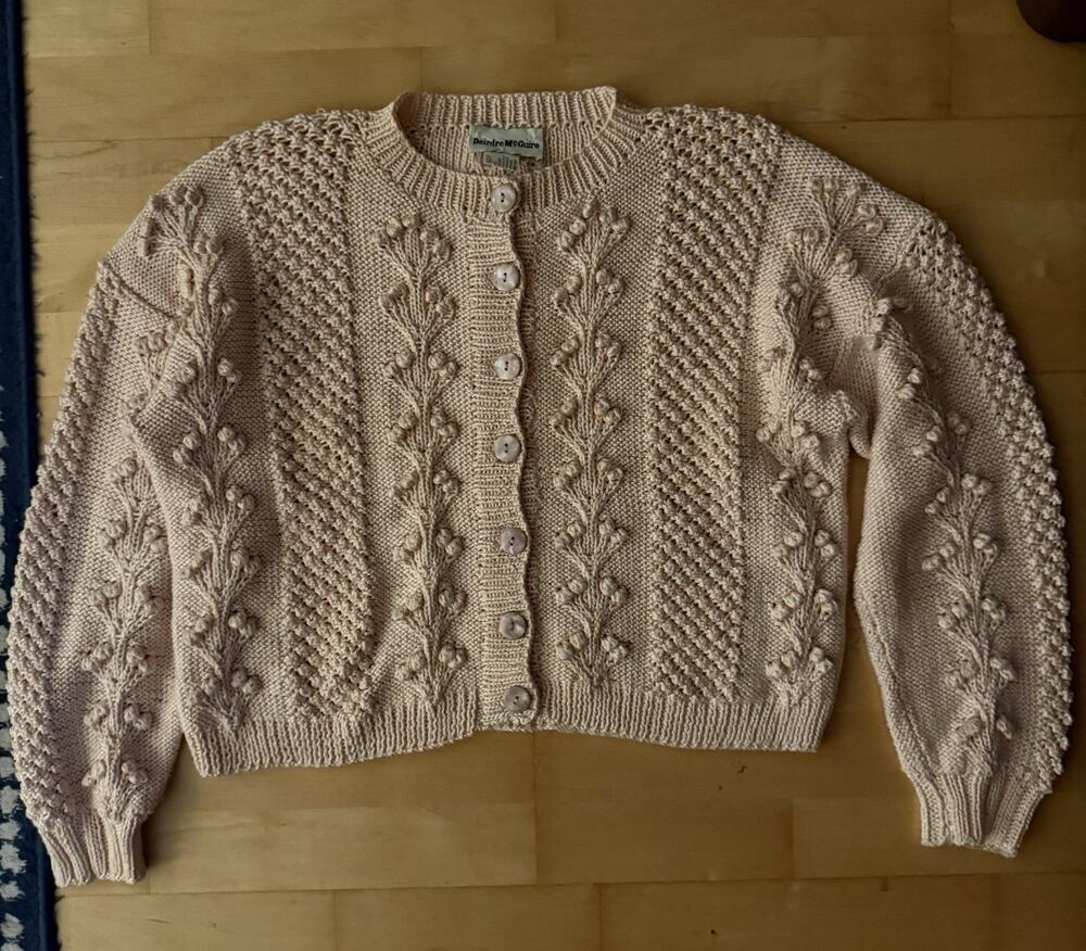 DEIDRE MCGUIRE Pink Bubble Embroidery Crewneck Knit Cardigan Cotton M